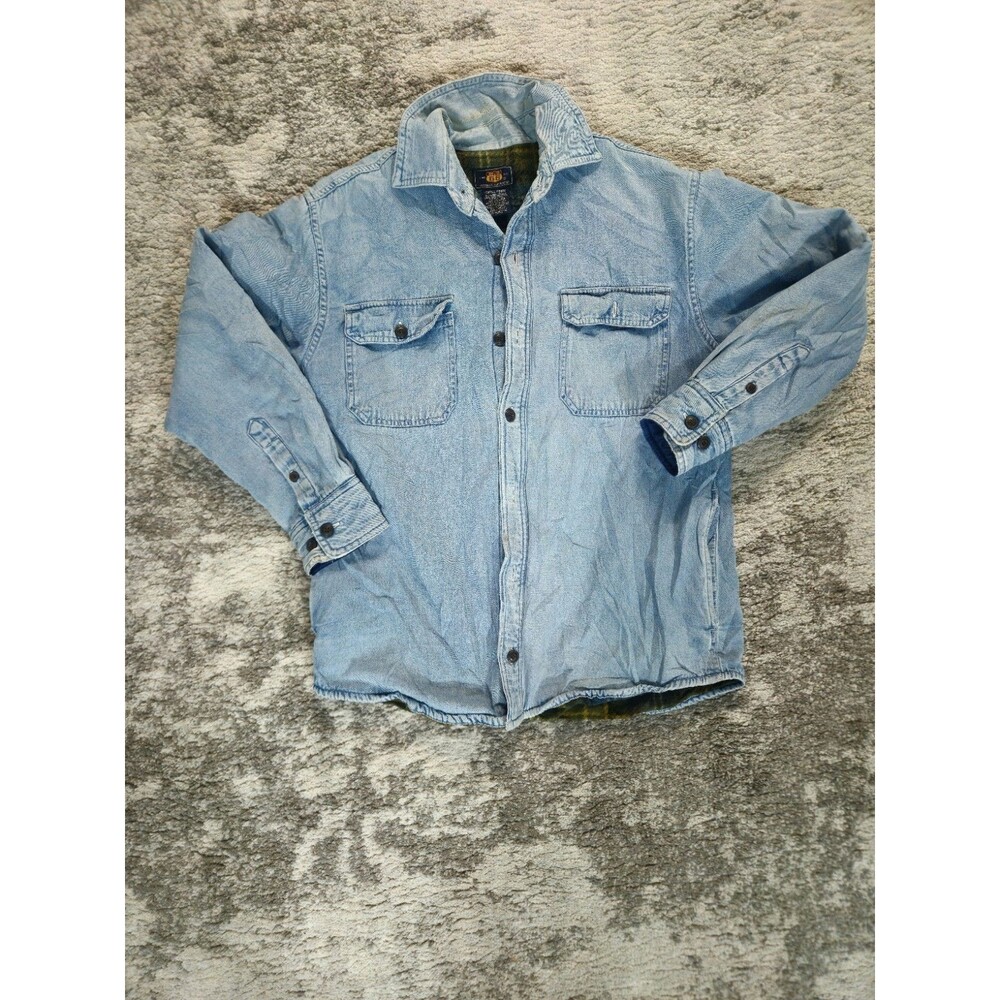 Route 66 Denim Shirt Jacket Plaid Fleece Lined Light Wash Workwear Mens Small